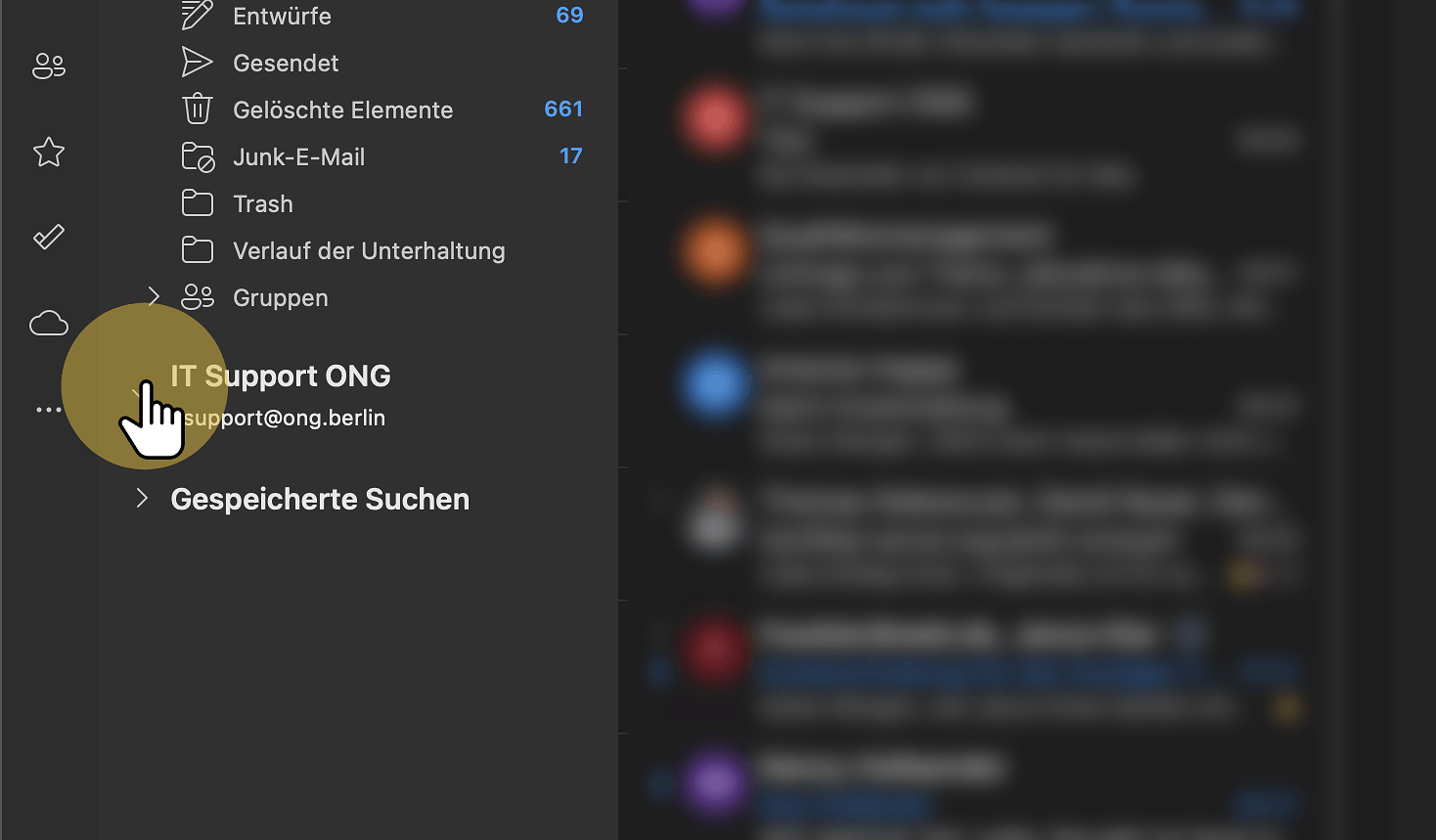 Das geteilte Postfach erscheint in der Seitenleiste.