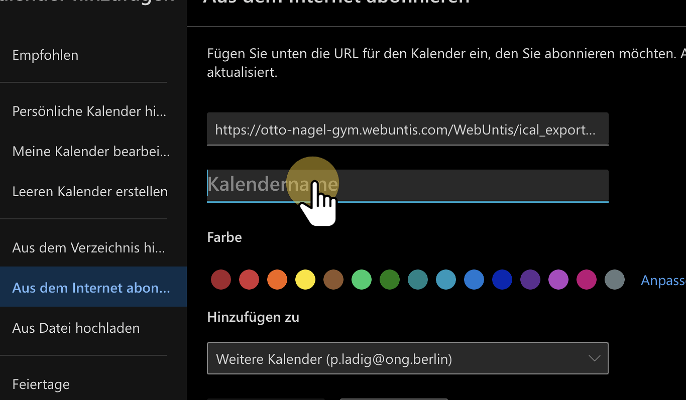 Schritt 9: Adresse einfügen und Kalender benennen